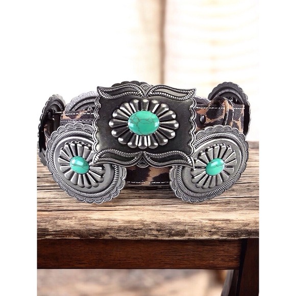 ARIAT Silver/Turquoise CONCHO BELT LEOPARD Leather Western Cowgirl Rodeo Sz L - Picture 2 of 6